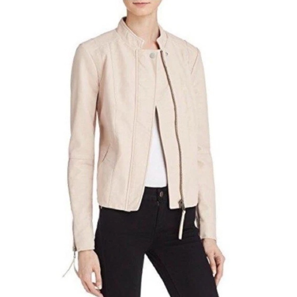 Free People Cool and Clean Faux Leather Moto Jacket 0 Pink Sand Biker Boho Chic